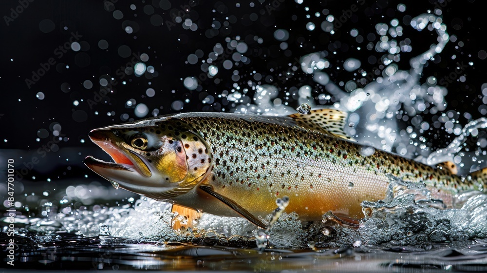 Salmon breaking surface, close-up, isolated background, studio lighting, water droplets captured, dynamic pose Salmon breaking surface, close-up, isolated background, studio lighting, water droplets captured, dynamic pose