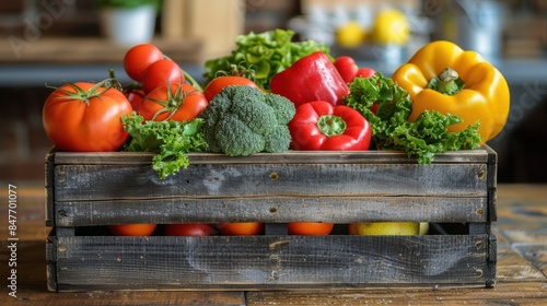 A wooden crate filled with fresh, colorful vegetables including tomatoes, peppers, and broccoli, perfect for farm-to-table cooking.
