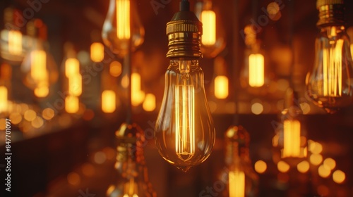 Vintage Edison bulbs hang elegantly, emitting a warm, golden light, creating a cozy and nostalgic atmosphere.