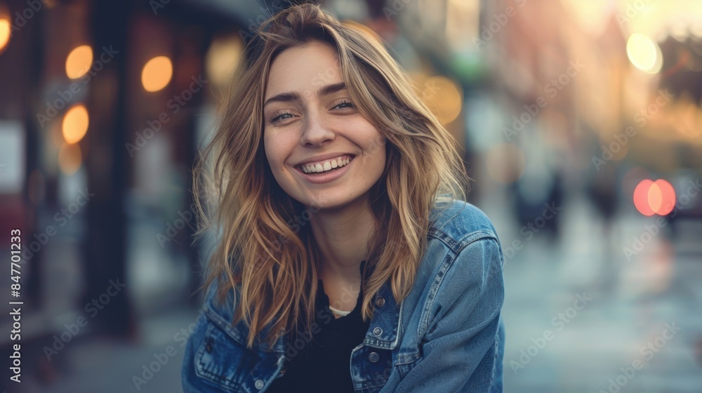 A woman with a joyful expression, laughing in an urban street with blurred city lights in the background. A woman with a joyful expression, laughing in an urban street with blurred city lights in the background.