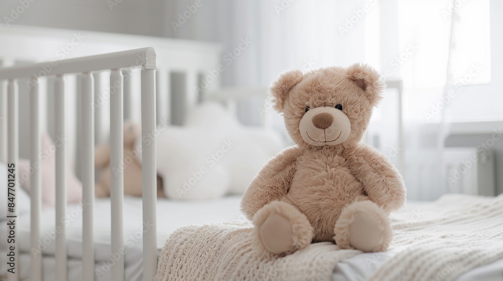 A soft teddy bear sits on a baby's crib in a cozy, bright nursery, with a serene atmosphere. A soft teddy bear sits on a baby's crib in a cozy, bright nursery, with a serene atmosphere.