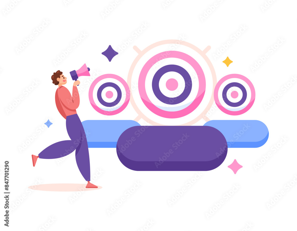 determine the target audience. marketing targets. customers and business. goals and objectives. illustration of marketing staff trying to attract customer attention. illustration concept design determine the target audience. marketing targets. customers and business. goals and objectives. illustration of marketing staff trying to attract customer attention. illustration concept design
