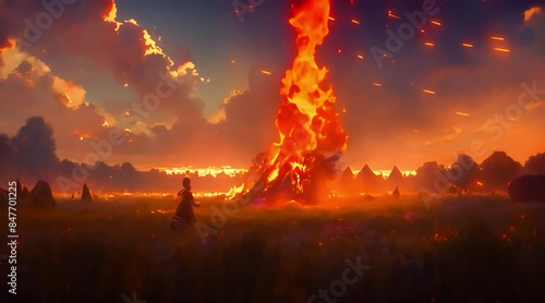 Realistic Bonfire in the Meadow Animation. Large Fire Burning Brightly Surrounded by Wildflowers, Tall Grass, and a Peaceful Landscape. Animated Warm Glow Video. photo