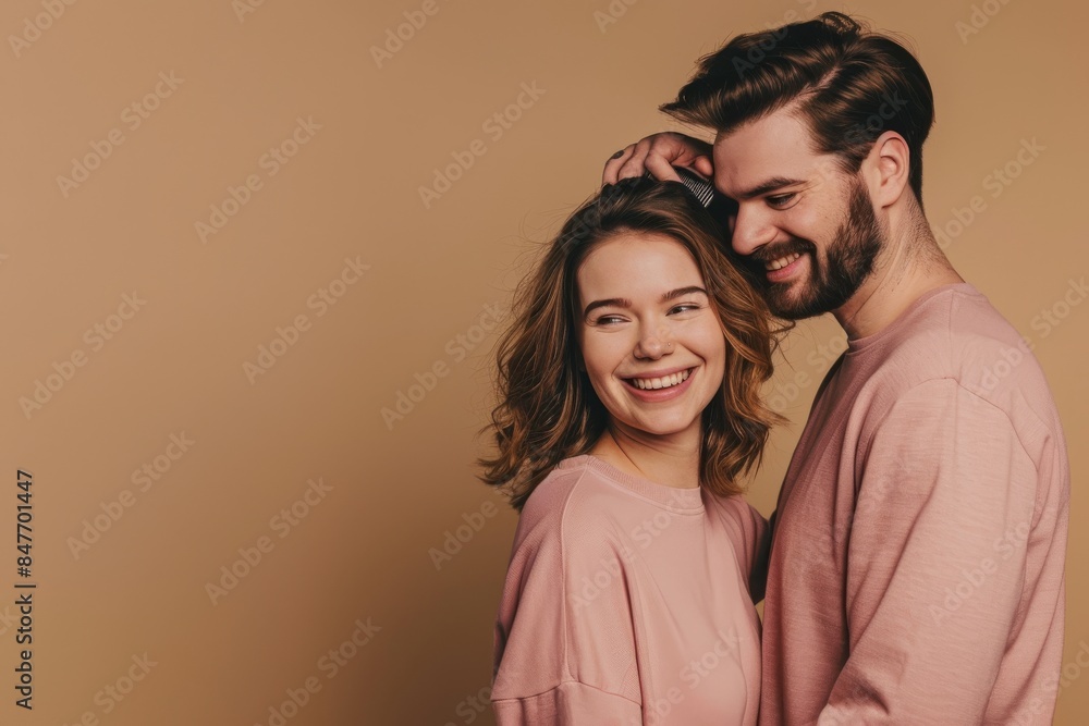The father of a young girl wearing casual clothes makes morning hairstyle with hair brush in front of his boy daughter isolated on beige background studio. Father's Day love family concept. The father of a young girl wearing casual clothes makes morning hairstyle with hair brush in front of his boy daughter isolated on beige background studio. Father's Day love family concept.