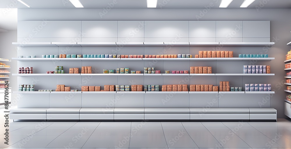 Supermarket Shelves With Blank Banners And POS Display Design. 3D rendering design. Supermarket Shelves With Blank Banners And POS Display Design. 3D rendering design.