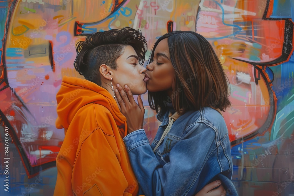 Multi-ethnic women kissing an African black woman on the cheek while she looks at the camera - beauty - diversity and integration Multi-ethnic women kissing an African black woman on the cheek while she looks at the camera - beauty - diversity and integration