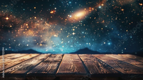 A rustic wooden deck under a starry night sky, offering a serene and beautiful view of the cosmos. photo