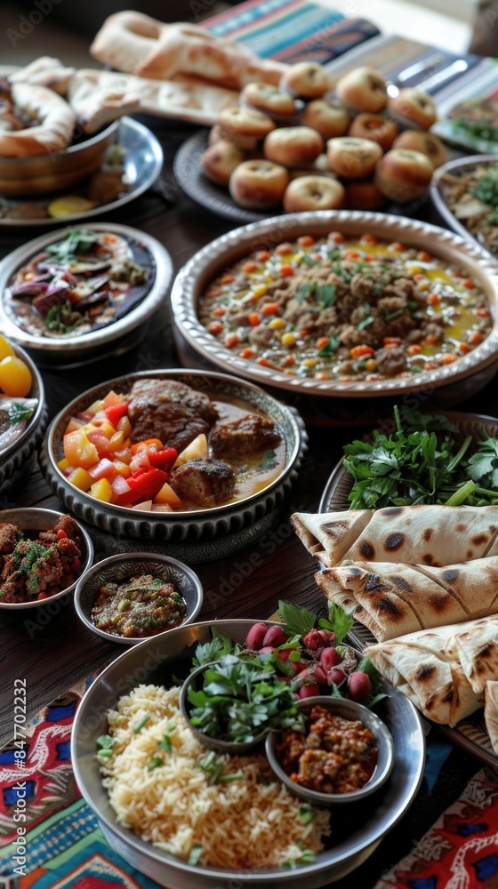 Many plates of food on a table with bread, arabic traditional meal Many plates of food on a table with bread, arabic traditional meal