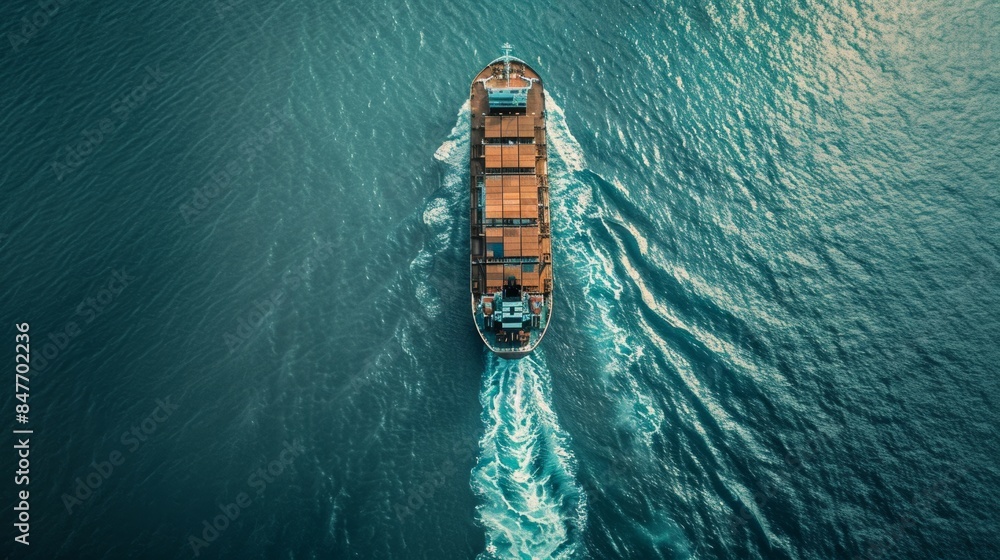 Aerial view of a cargo ship navigating through blue ocean waters Aerial view of a cargo ship navigating through blue ocean waters