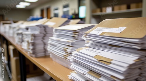 Stacks of documents and envelopes piled on a table in an office, representing paperwork and administrative tasks. © tashechka