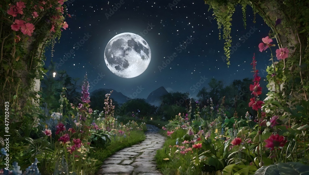magic secret garden, moon, stars, detailed, 8k, --ar 23 magic secret garden, moon, stars, detailed, 8k, --ar 23