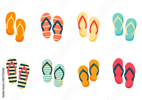 Set of summer beach slippers. Sand rubber sandal for summertime. Flip flops collection