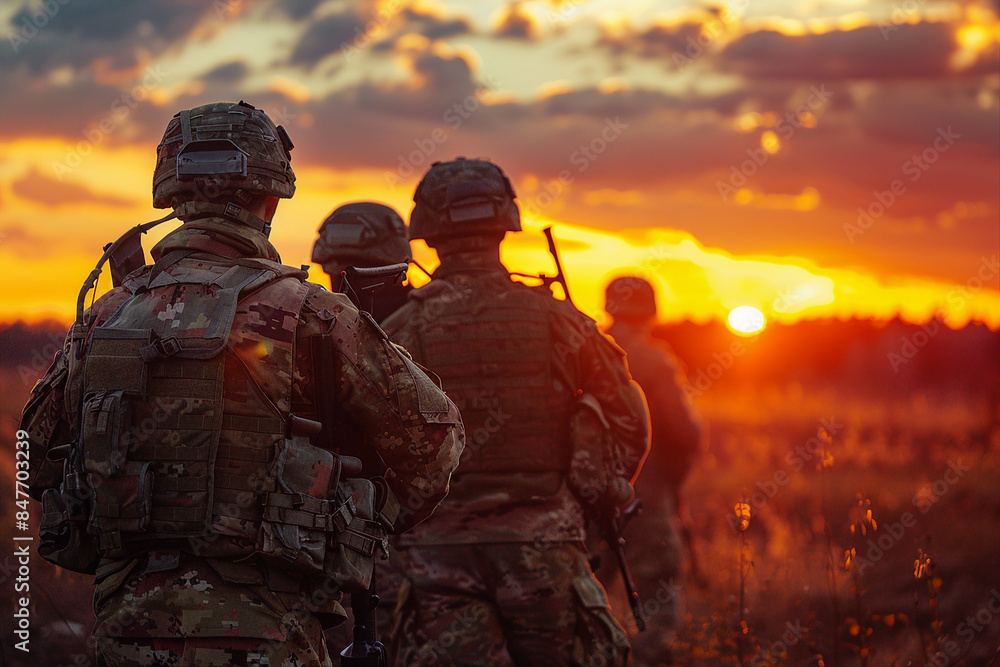 Generative AI image of military operation mission on silhouette sunset in field Generative AI image of military operation mission on silhouette sunset in field