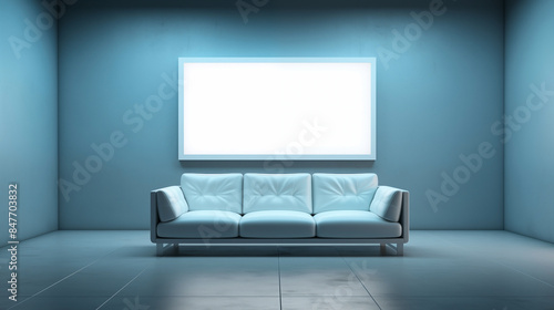 Modern Living Room with White Sofa and Illuminated Frame
