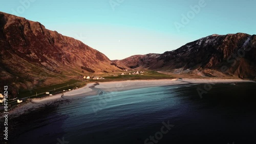 Beautiful remote surf beach of Hoddevik in Norway, aerial view photo