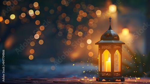 greeting card design. Arabic Lantern glowing at night on table with smoke. © Muzikitooo
