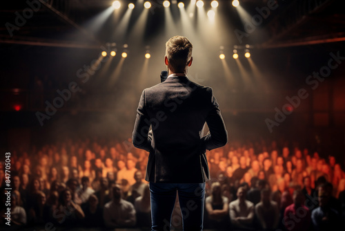 Generative AI illustration motivational speaker with microphone in hand in front of audience at conference room