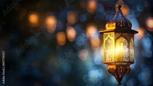 greeting card design. Arabic Lantern glowing at night on table with smoke.