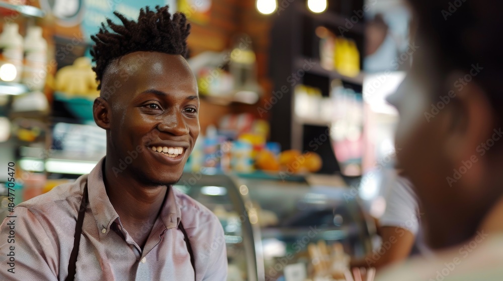 Fototapeta premium A man wearing a pink shirt smiles at a customer in a busy bakery