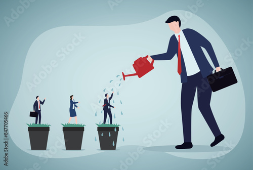 Hand watering plants and employees. Talent development, career growth, training or coaching staff develop skill, employee improvement, HR human resources concept.