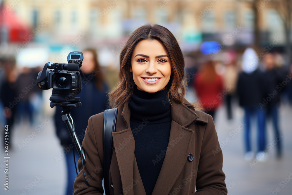 Professional reporter journalist in front of camera making breaking news reportage Generative AI picture Professional reporter journalist in front of camera making breaking news reportage Generative AI picture
