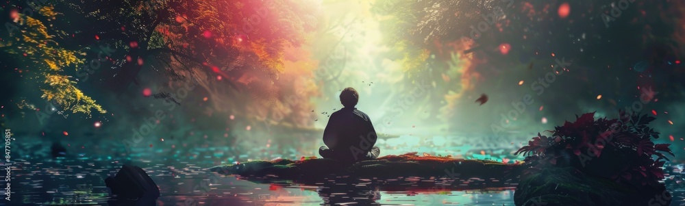 Man on a rock in the middle of a lake Man on a rock in the middle of a lake