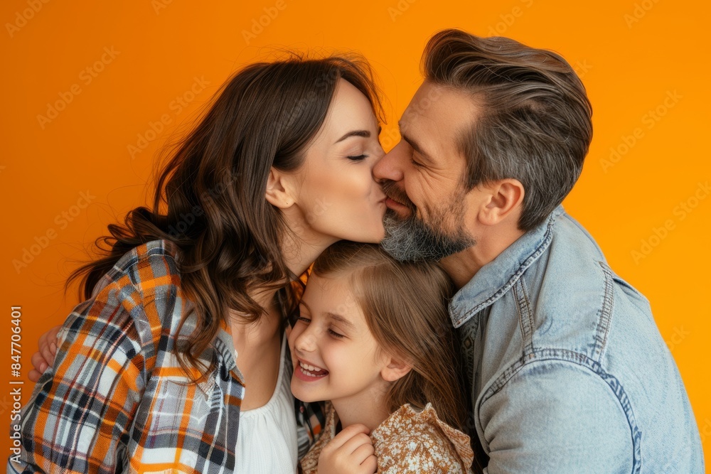 Young parents making fun and having fun with their daughter wearing basic t-shirts and kissing her. Isolated on yellow background in studio portrait of a young couple with their daughter greeting Young parents making fun and having fun with their daughter wearing basic t-shirts and kissing her. Isolated on yellow background in studio portrait of a young couple with their daughter greeting
