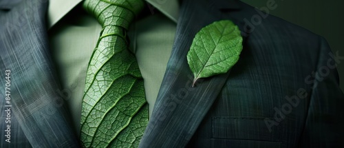 Eco-friendly corporate attire, business suit with a leaf tie, green business representation photo