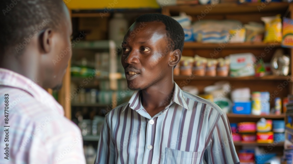 Two men stand in a shop, one is speaking to the other Two men stand in a shop, one is speaking to the other