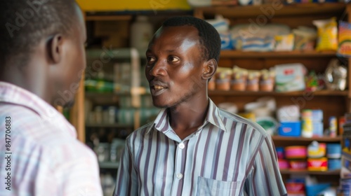 Two men stand in a shop, one is speaking to the other