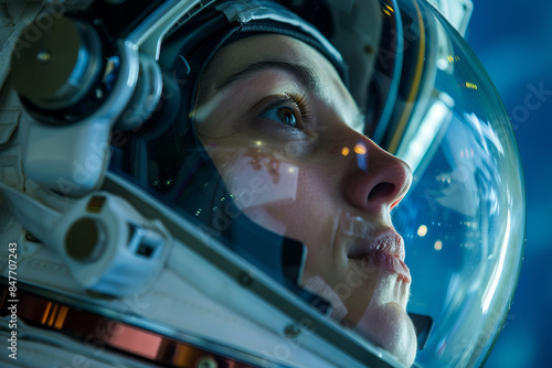 Closeup Generative AI picture of astronaut male female floating through space galaxy planet moon stars
