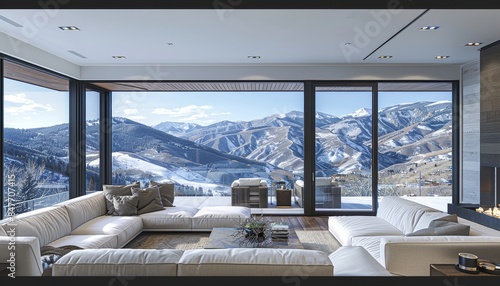 Modern home with snowy mountain view, panoramic windows, wooden floors, and fireplace © Maksym