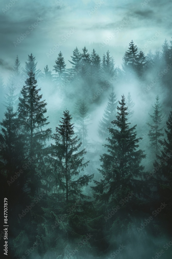 Misty foggy forest, fir mountains, natural mist landscape, dark woods view, mystery clouds on pine trees Misty foggy forest, fir mountains, natural mist landscape, dark woods view, mystery clouds on pine trees