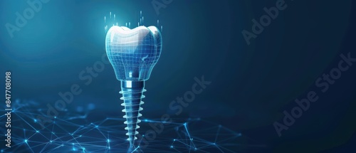 High-tech 3D dental implant with holographic digital interface, innovative tele dentistry concept, copy space