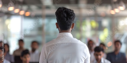 Male business coach speaker in white shirt gives presentation