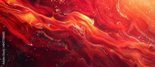 Lush red abstract landscape with fluid, wavy lines, fire-themed art photo