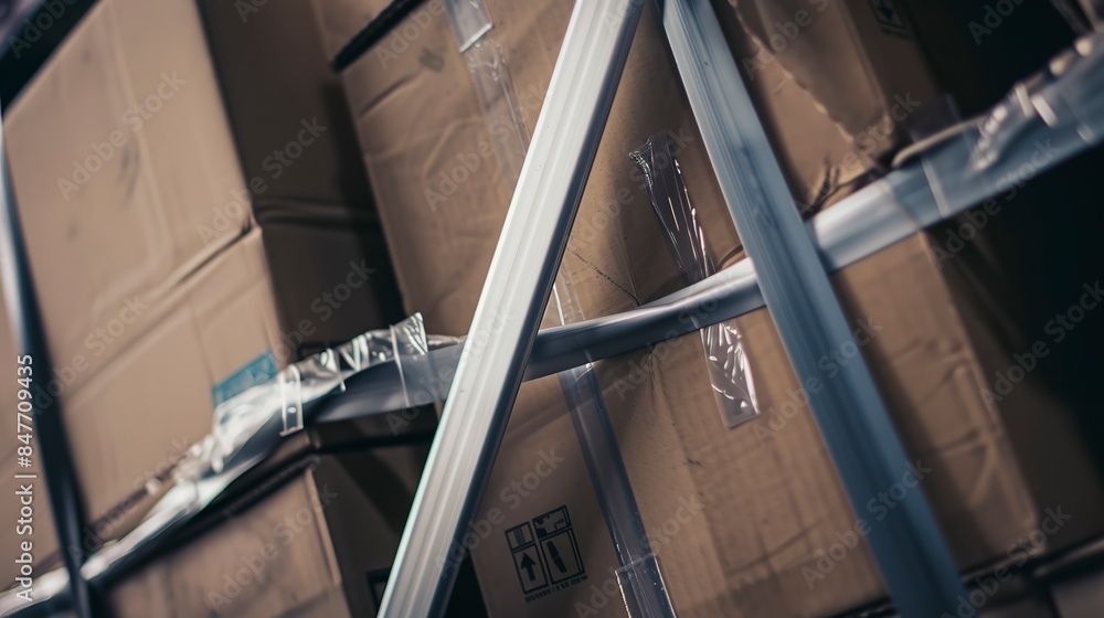 Naklejka premium Industrial cargo straps, close-up, securing boxes in factory, no people, tension detail, sharp light 
