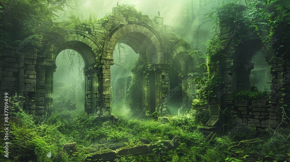 Landscape with ruins and bizarre vegetation at a beautiful sunset. Stone fantasy magic portal, passage to the unreal world. A dense green forest with sunrays. Landscape with ruins and bizarre vegetation at a beautiful sunset. Stone fantasy magic portal, passage to the unreal world. A dense green forest with sunrays.