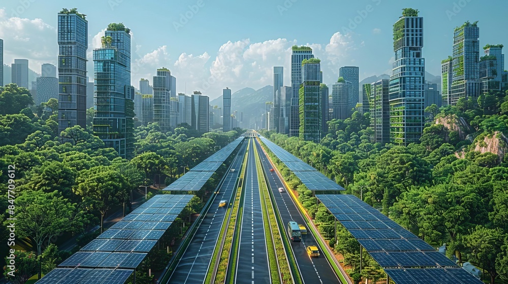 Futuristic cityscape with green architecture, solar panels, and abundant greenery, blending urban development with sustainable living. Futuristic cityscape with green architecture, solar panels, and abundant greenery, blending urban development with sustainable living.