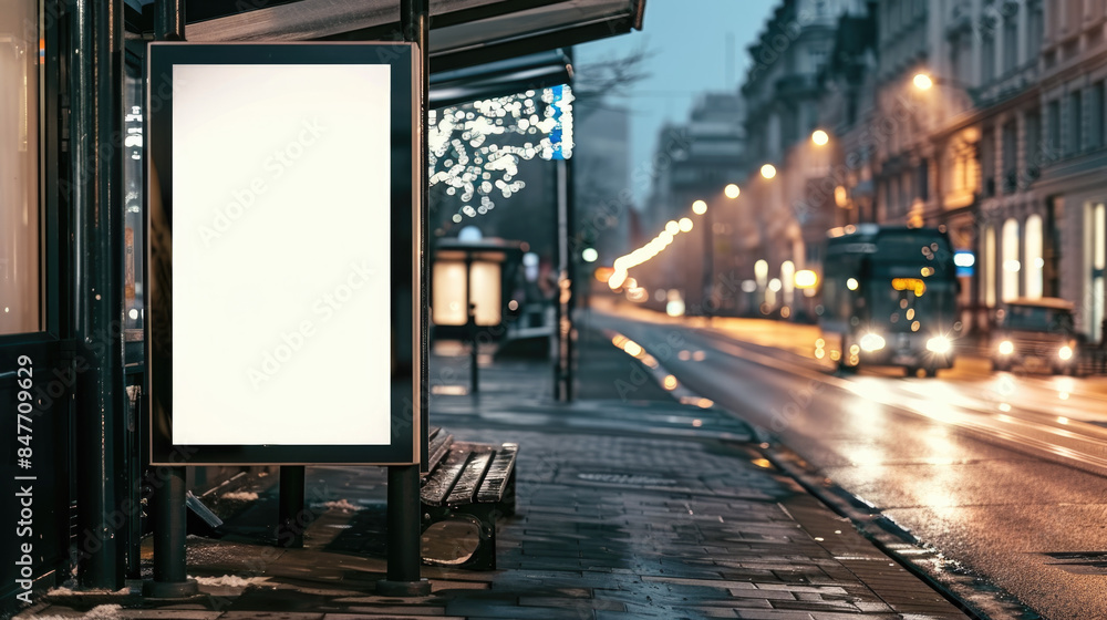 Blank advertising poster mockup template on an empty bus stop by the road Blank advertising poster mockup template on an empty bus stop by the road