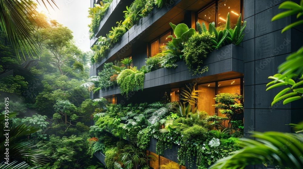 Obraz premium A lush vertical garden with a variety of plants growing on the walls of a modern building, symbolizing sustainable architecture, Ecofriendly, Realistic, Soft Light