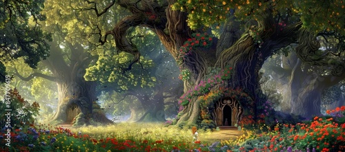 The mystical woodland glade in warm autumn colors is surrounded by majestic ancient oak trees in an enchanting magic kingdom forest. Dreamy surreal fantasy art illustration depicting a fantasy © Mark