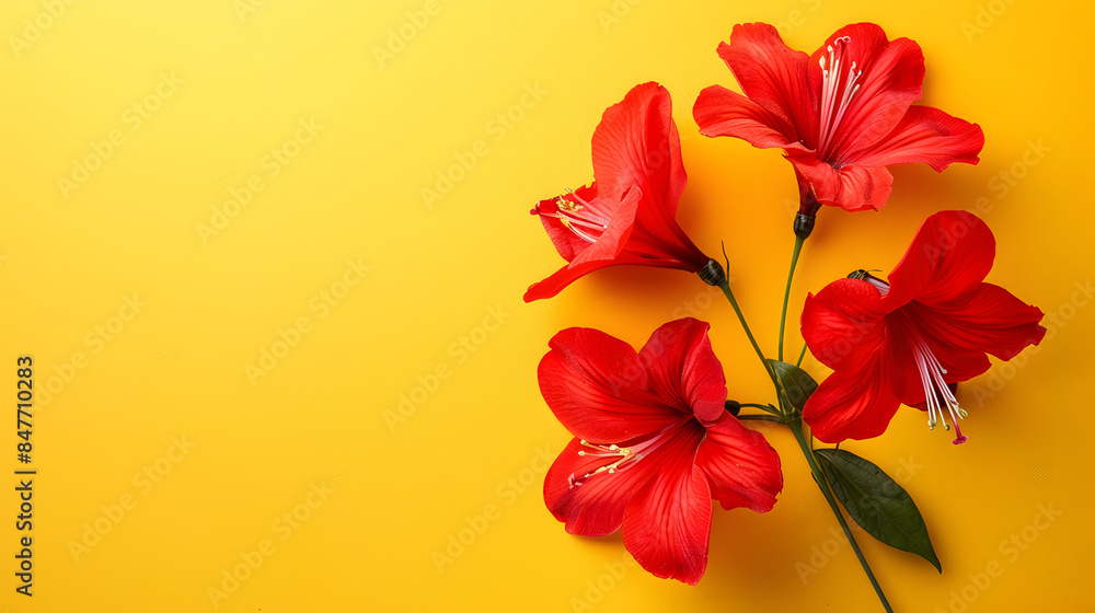 Card red beautiful flowers real photo on yellow background