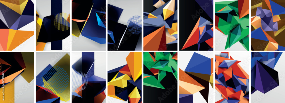 Set of low poly triangles poster geometric backgrounds. Vector Illustration For Wallpaper, Banner, Background, Card, Book Illustration, landing page Set of low poly triangles poster geometric backgrounds. Vector Illustration For Wallpaper, Banner, Background, Card, Book Illustration, landing page