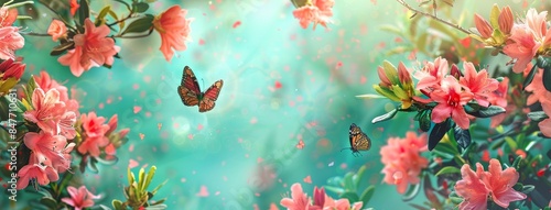 An intriguing fairytale floral banner with a rose garden, flying peacock wing, and blue butterflies on a blurred beautiful background toned in soft pastel colors and sun rays photo