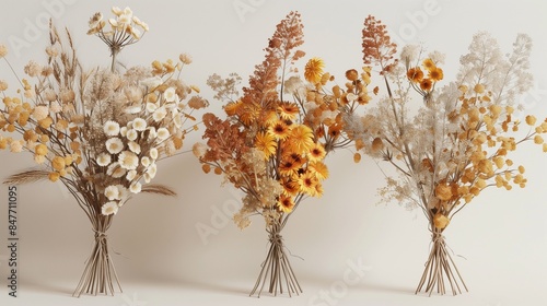 A set of three art compositions bouquets of dried flowers on a light background. 3d rendering