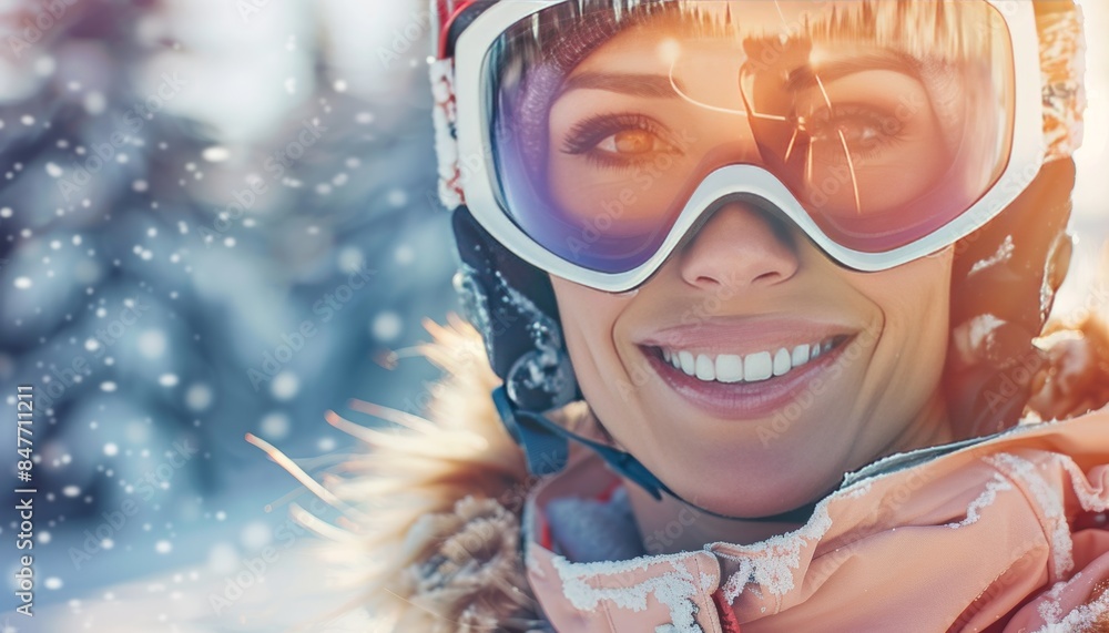 Beautiful woman in ski attire posing with skis in sunny winter mountain landscape Beautiful woman in ski attire posing with skis in sunny winter mountain landscape