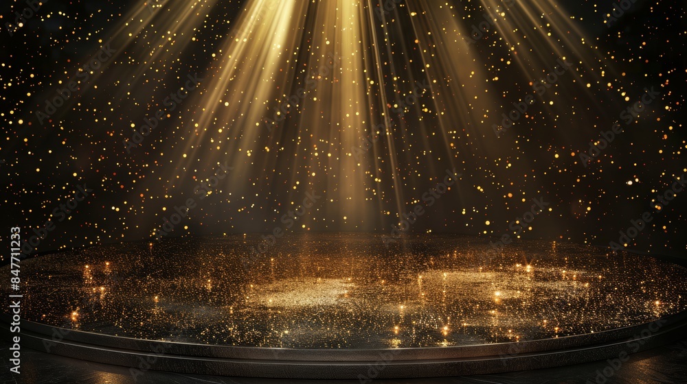 Golden background with golden floor particles, stars, and dust in space. Futuristic glittering in space.