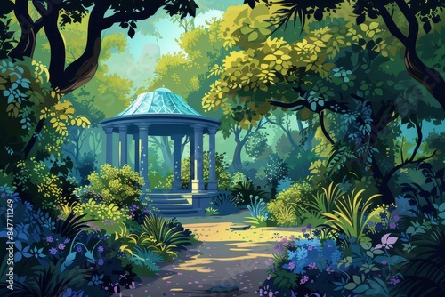 This illustration depicts a fantasy forest garden with wild vegetation and a gazebo in an enchanted forest