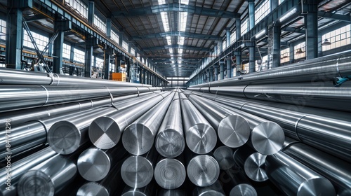 Stacked steel round bars, organized rows in a large warehouse, metallic textures, bright lighting, expansive space